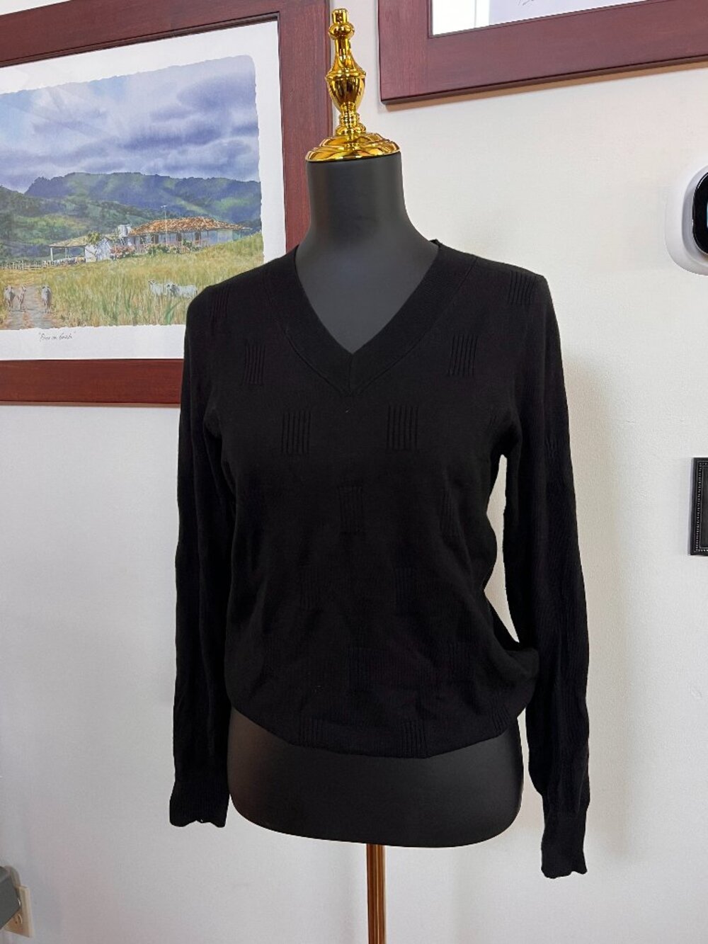 Black Ribbed Long Sleeve V-Neck Knit Top Women’s Slim Fit Sweater sz M